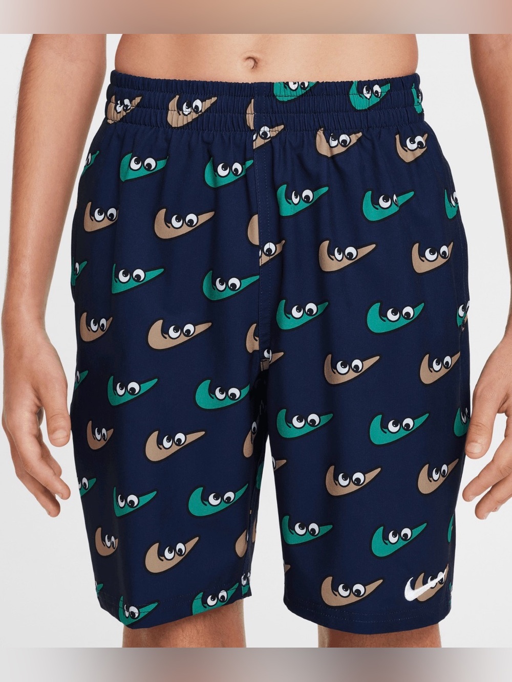 Nike Navy Swim Shorts with Teal and Tan Graphic Swooshes